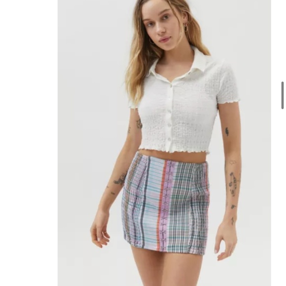 UO Linny Smocked Hook & Eye Mini Xs Blue Pink White Plaid - Picture 1 of 4